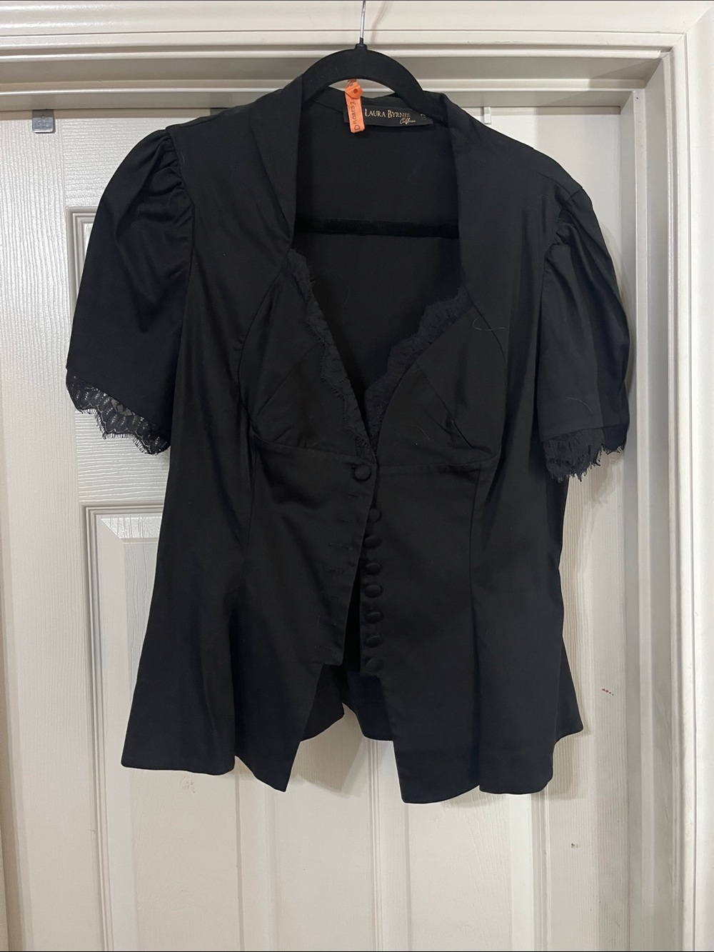 Black Short Sleeve Lace-Trim Blouse